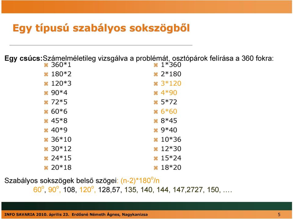 6*60 8*45 9*40 10*36 12*30 15*24 18*20 Szabályos sokszögek belső szögei: (n-2)*180 o /n 60 o, 90 o, 108, 120