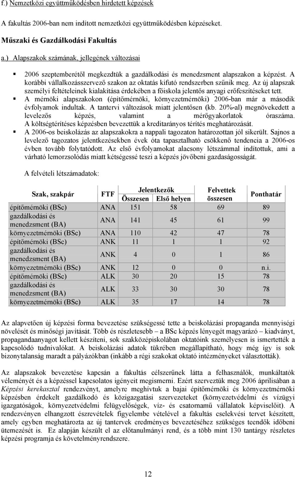 A korábbi vállalkozásszervező szakon az oktatás kifutó rendszerben szűnik meg. Az új alapszak személyi feltételeinek kialakítása érdekében a főiskola jelentős anyagi erőfeszítéseket tett.