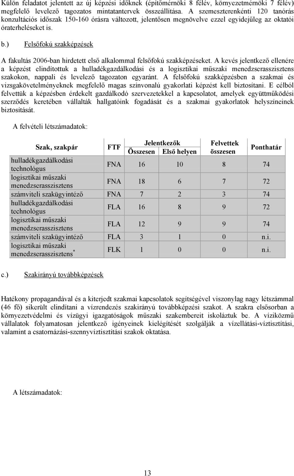 ) Felsőfokú szakképzések A fakultás 2006-ban hirdetett első alkalommal felsőfokú szakképzéseket.