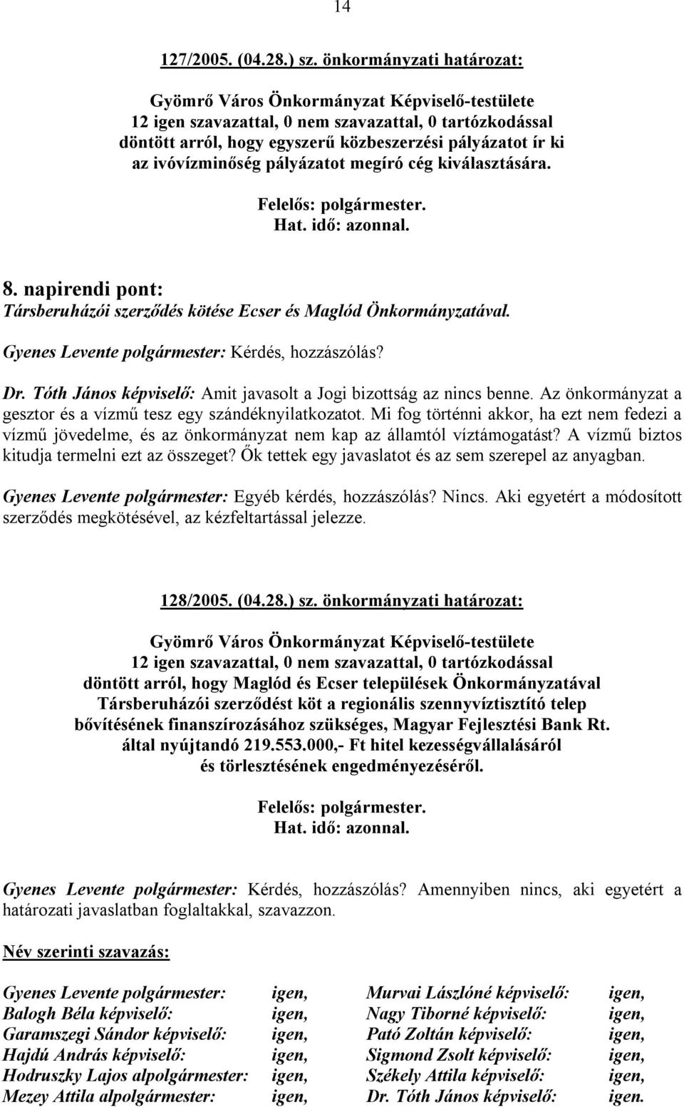 napirendi pont: Társberuházói szerződés kötése Ecser és Maglód Önkormányzatával. Gyenes Levente polgármester: Kérdés, hozzászólás? Dr.