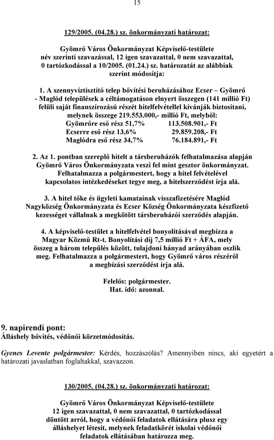 biztosítani, melynek összege 219.553.000,- millió Ft, melyből: Gyömrőre eső rész 51,7% 113.508.901,- Ft Ecserre eső rész 13,6% 29.859.208,- Ft Maglódra eső rész 34,7% 76.184.891,- Ft 2. Az 1.