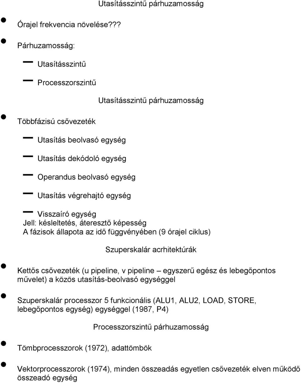 beolvasó egység Utasítás végrehajtó egység Visszaíró egység Jell: késleltetés, áteresztő képesség A fázisok állapota az idő függvényében (9 órajel ciklus) Szuperskalár acrhitektúrák Kettős