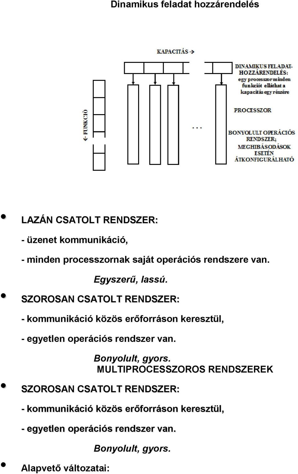 SZOROSAN CSATOLT RENDSZER: - kommunikáció közös erőforráson keresztül, - egyetlen operációs rendszer van.