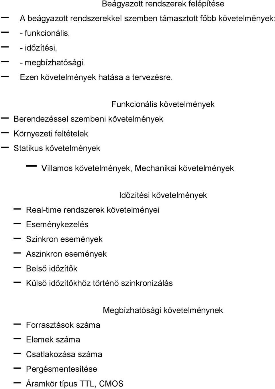 Funkcionális követelmények Berendezéssel szembeni követelmények Környezeti feltételek Statikus követelmények Villamos követelmények, Mechanikai követelmények