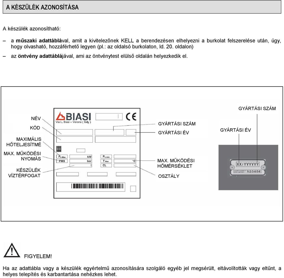 GYÁRTÁSI SZÁM NÉV KÓD MAXIMÁLIS HŐTELJESÍTMÉ MAX. MŰKÖDÉSI NYOMÁS KÉSZÜLÉK VÍZTÉRFOGAT GYÁRTÁSI SZÁM GYÁRTÁSI ÉV MAX.