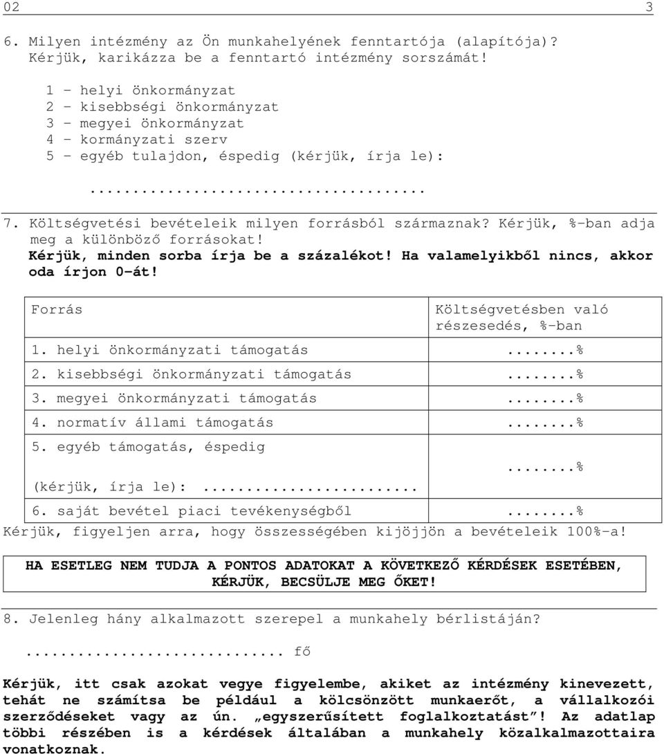 Költségvetési bevételeik milyen forrásból származnak? Kérjük, %-ban adja meg a különböző forrásokat! Kérjük, minden sorba írja be a százalékot! Ha valamelyikből nincs, akkor oda írjon 0-át!