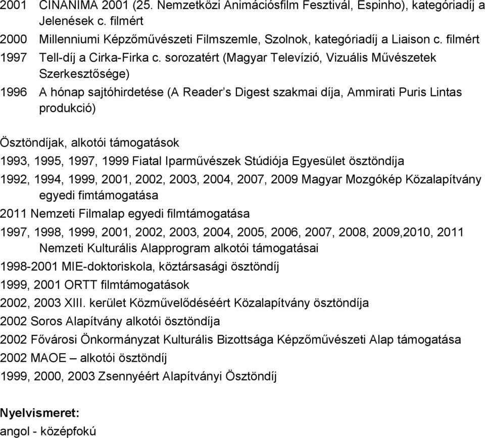 sorozatért (Magyar Televízió, Vizuális Művészetek Szerkesztősége) 1996 A hónap sajtóhirdetése (A Reader s Digest szakmai díja, Ammirati Puris Lintas produkció) Ösztöndíjak, alkotói támogatások 1993,