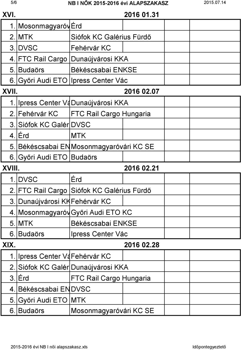 Érd MTK 5. Békéscsabai ENKSE Mosonmagyaróvári KC SE 6. Győri Audi ETO KC Budaörs XVIII. 2016 02.21 1. DVSC Érd 2. FTC Rail Cargo Hungaria Siófok KC Galérius Fürdő 3. Dunaújvárosi KKAFehérvár KC 4.