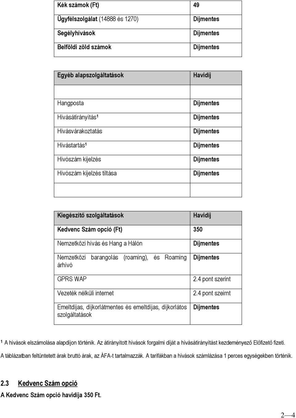 internet Emeltdíjas, díjkorlátmentes és emeltdíjas, díjkorlátos szolgáltatások 2.4 pont szerint 2.4 pont szeirnt 1 A hívások elszámolása alapdíjon történik.