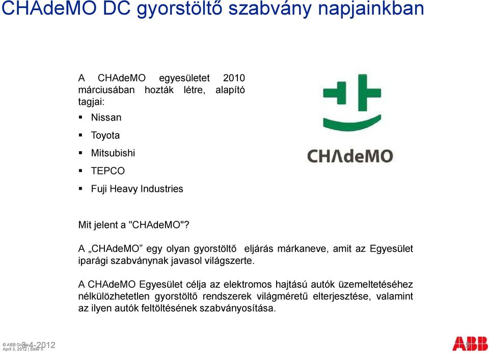 A CHAdeMO egy olyan gyorstöltő eljárás márkaneve, amit az Egyesület iparági szabványnak javasol világszerte.