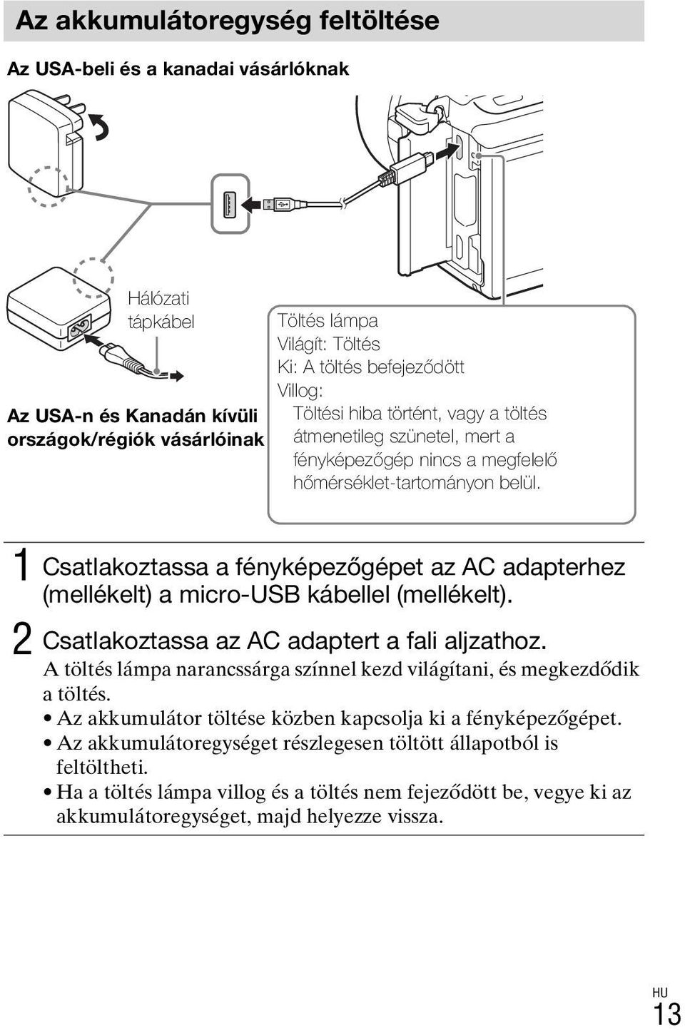 1 Csatlakoztassa a fényképezőgépet az AC adapterhez (mellékelt) a micro-usb kábellel (mellékelt). 2 Csatlakoztassa az AC adaptert a fali aljzathoz.