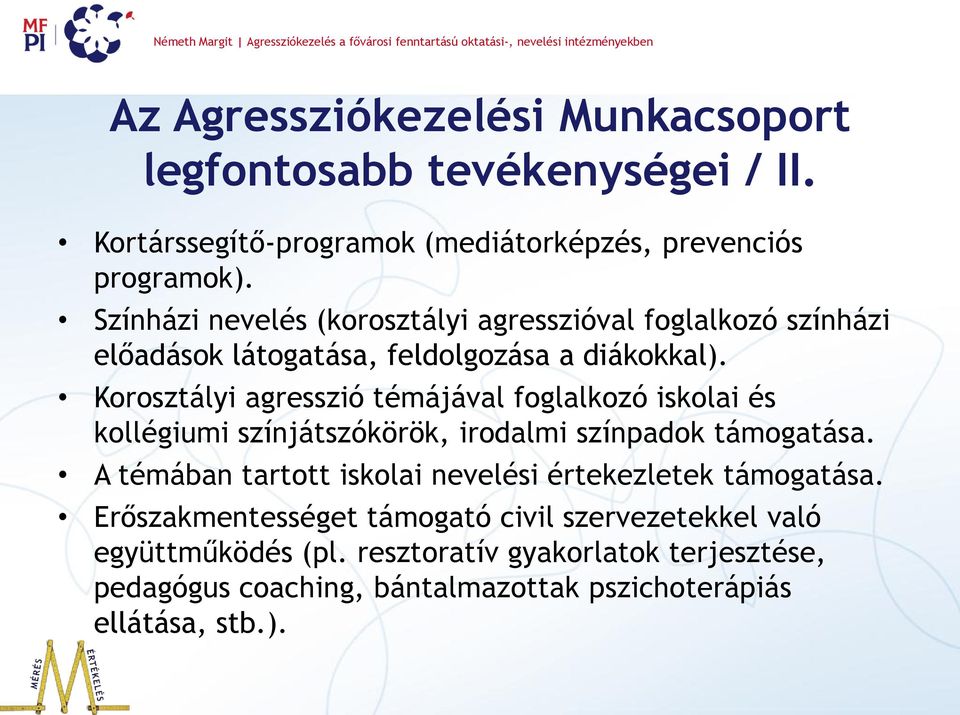 Korosztályi agresszió témájával foglalkozó iskolai és kollégiumi színjátszókörök, irodalmi színpadok támogatása.