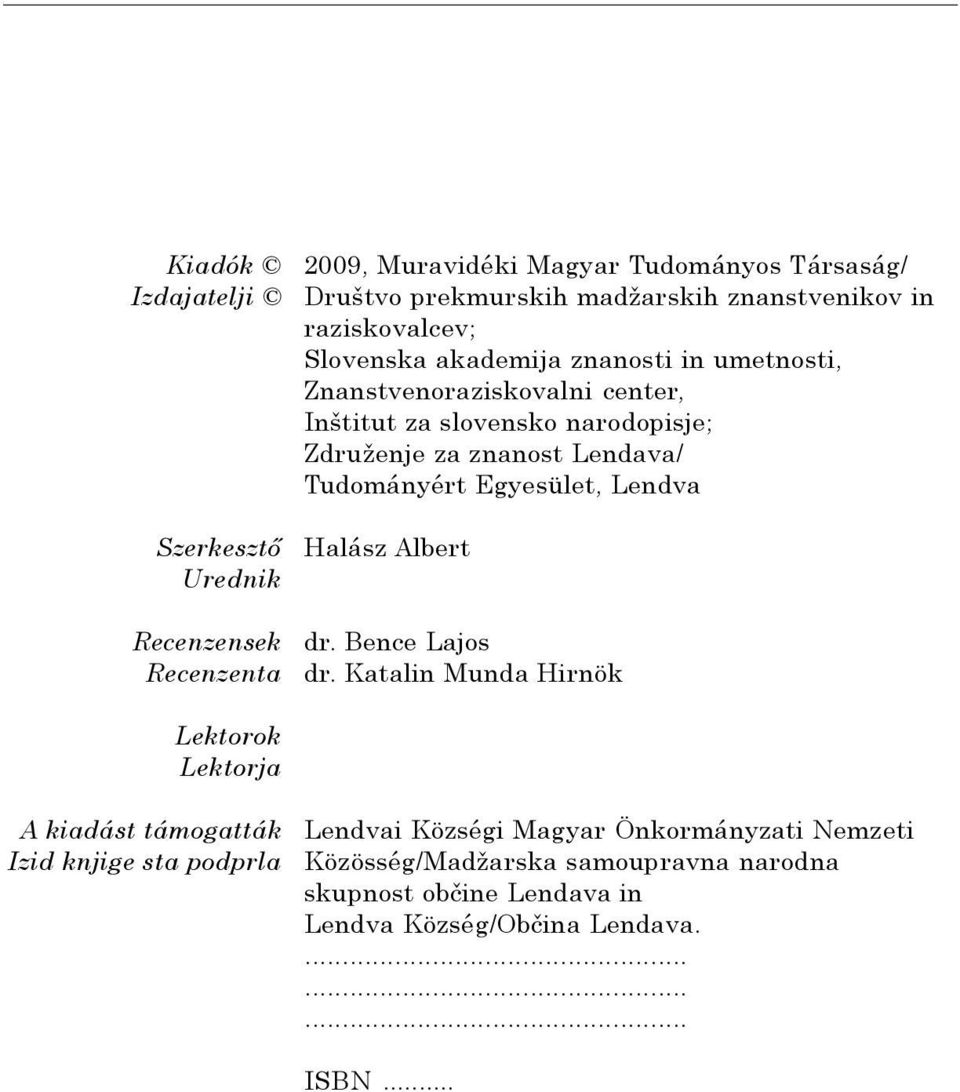 Szerkesztő Urednik Halász Albert Recenzensek Recenzenta Lektorok Lektorja A kiadást támogatták Izid knjige sta podprla dr. Bence Lajos dr.