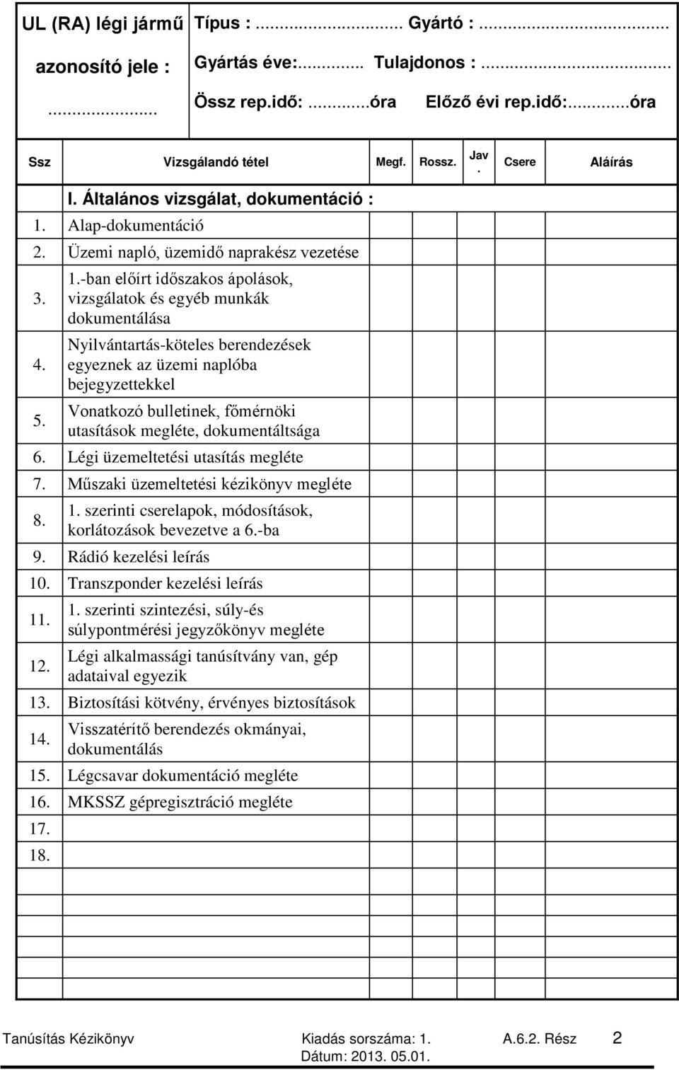 Nyilvántartás-köteles berendezések egyeznek az üzemi naplóba bejegyzettekkel 5. Vonatkozó bulletinek, főmérnöki utasítások megléte, dokumentáltsága 6. Légi üzemeltetési utasítás megléte 7.