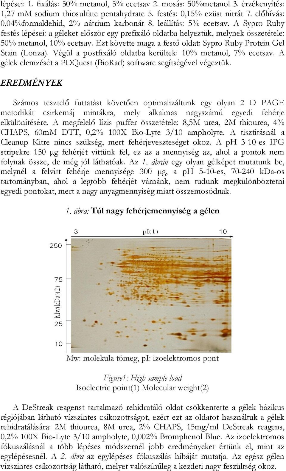 Ezt követte maga a festő oldat: Sypro Ruby Protein Gel Stain (Lonza). Végül a postfixáló oldatba kerültek: 10% metanol, 7% ecetsav. A gélek elemzését a PDQuest (BioRad) software segítségével végeztük.