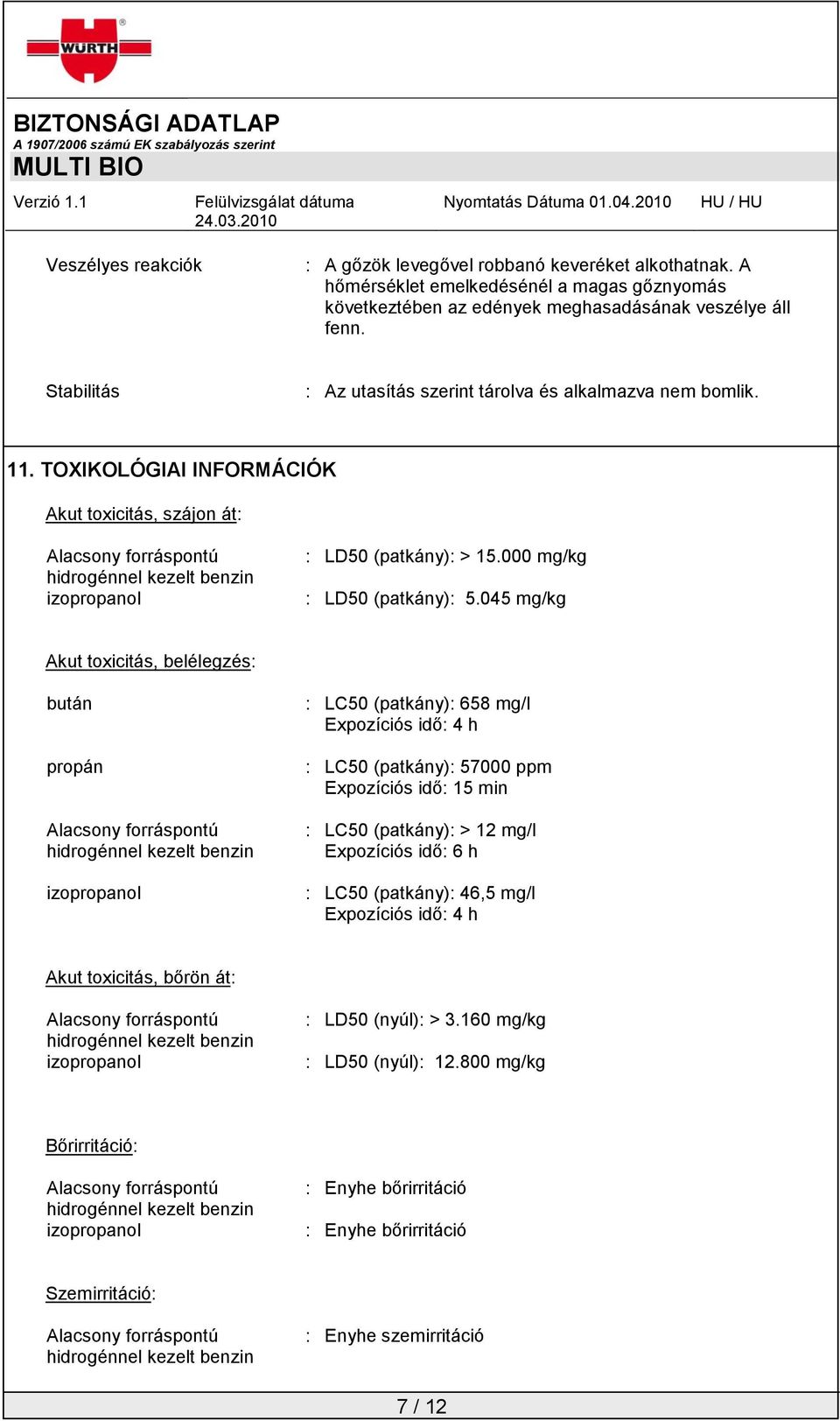 045 mg/kg Akut toxicitás, belélegzés: bután propán : LC50 (patkány): 658 mg/l Expozíciós idő: 4 h : LC50 (patkány): 57000 ppm Expozíciós idő: 15 min : LC50 (patkány): > 12 mg/l Expozíciós idő: 6