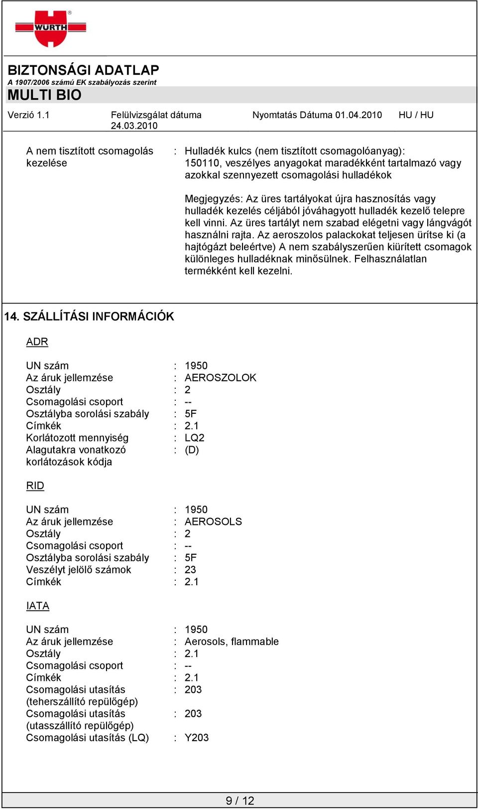 Az aeroszolos palackokat teljesen ürítse ki (a hajtógázt beleértve) A nem szabályszerűen kiürített csomagok különleges hulladéknak minősülnek. Felhasználatlan termékként kell kezelni. 14.