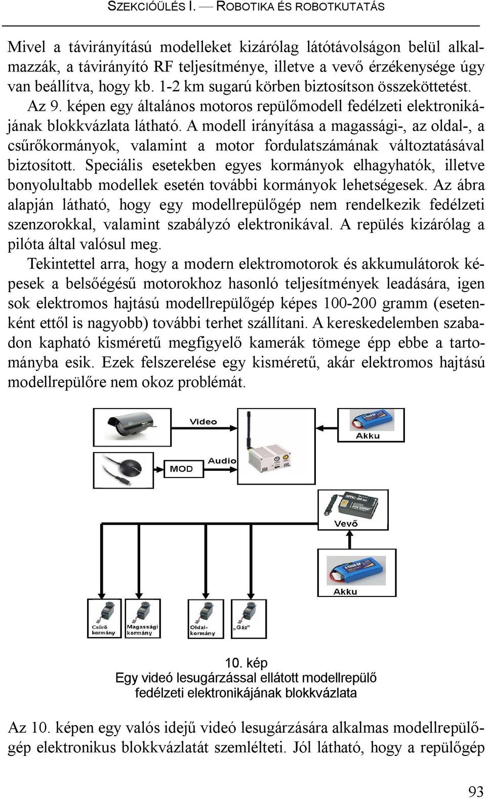 1-2 km sugarú körben biztosítson összeköttetést. Az 9. képen egy általános motoros repülőmodell fedélzeti elektronikájának blokkvázlata látható.