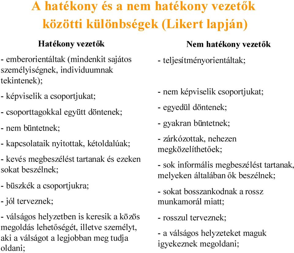 válságos helyzetben is keresik a közös megoldás lehetőségét, illetve személyt, aki a válságot a legjobban meg tudja oldani; Nem hatékony vezetők - teljesítményorientáltak; - nem képviselik