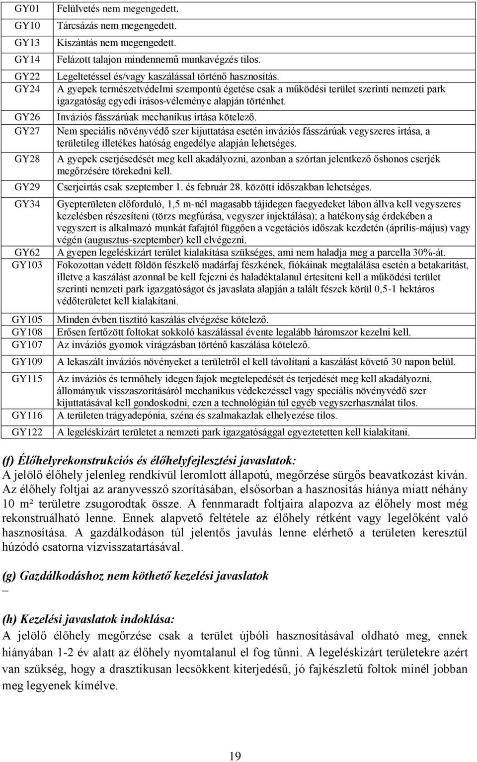 A gyepek természetvédelmi szempontú égetése csak a működési terület szerinti nemzeti park igazgatóság egyedi írásos véleménye alapján történhet. Inváziós fásszárúak mechanikus irtása kötelező.