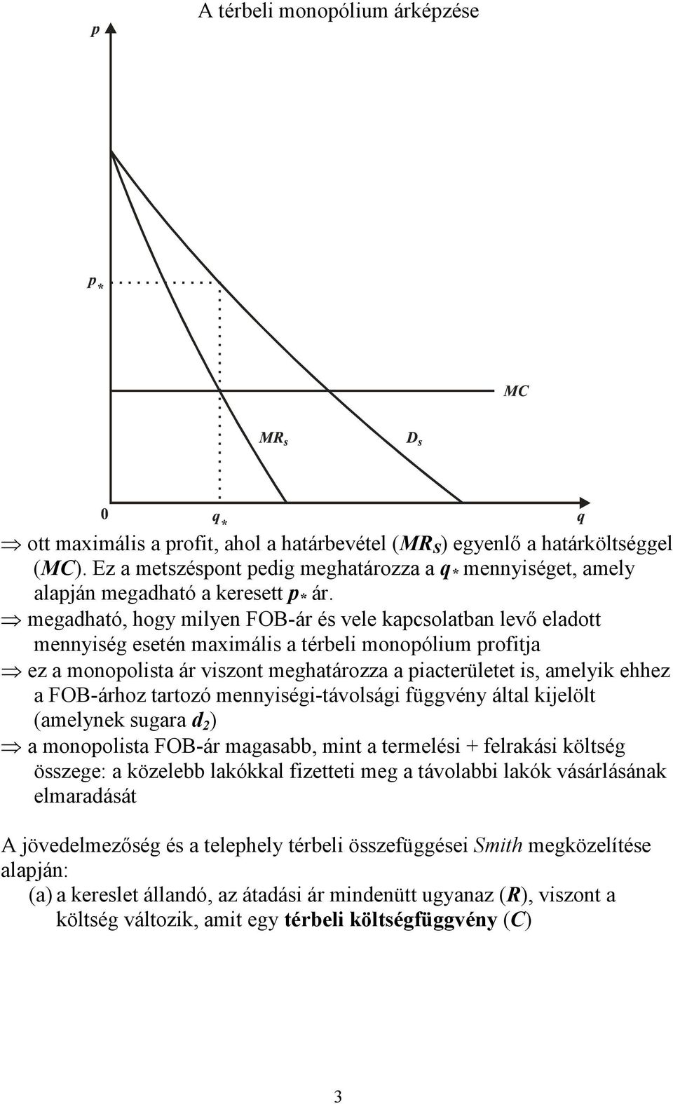 megadható, hogy milyen FOB-ár és vele kapcsolatban levő eladott mennyiség esetén maximális a térbeli monopólium profitja ez a monopolista ár viszont meghatározza a piacterületet is, amelyik ehhez a