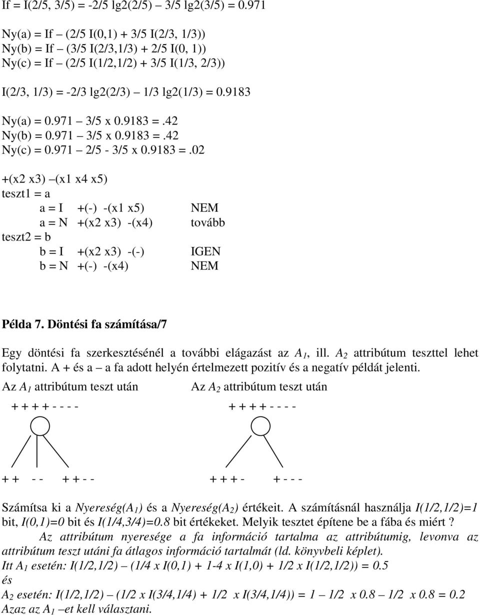 971 3/5 x 0.9183 =.42 Ny(b) = 0.971 3/5 x 0.9183 =.42 Ny(c) = 0.971 2/5-3/5 x 0.9183 =.02 +(x2 x3) (x1 x4 x5) teszt1 = a a = I +(-) -(x1 x5) NEM a = N +(x2 x3) -(x4) tovább teszt2 = b b = I +(x2 x3) -(-) IGEN b = N +(-) -(x4) NEM Példa 7.
