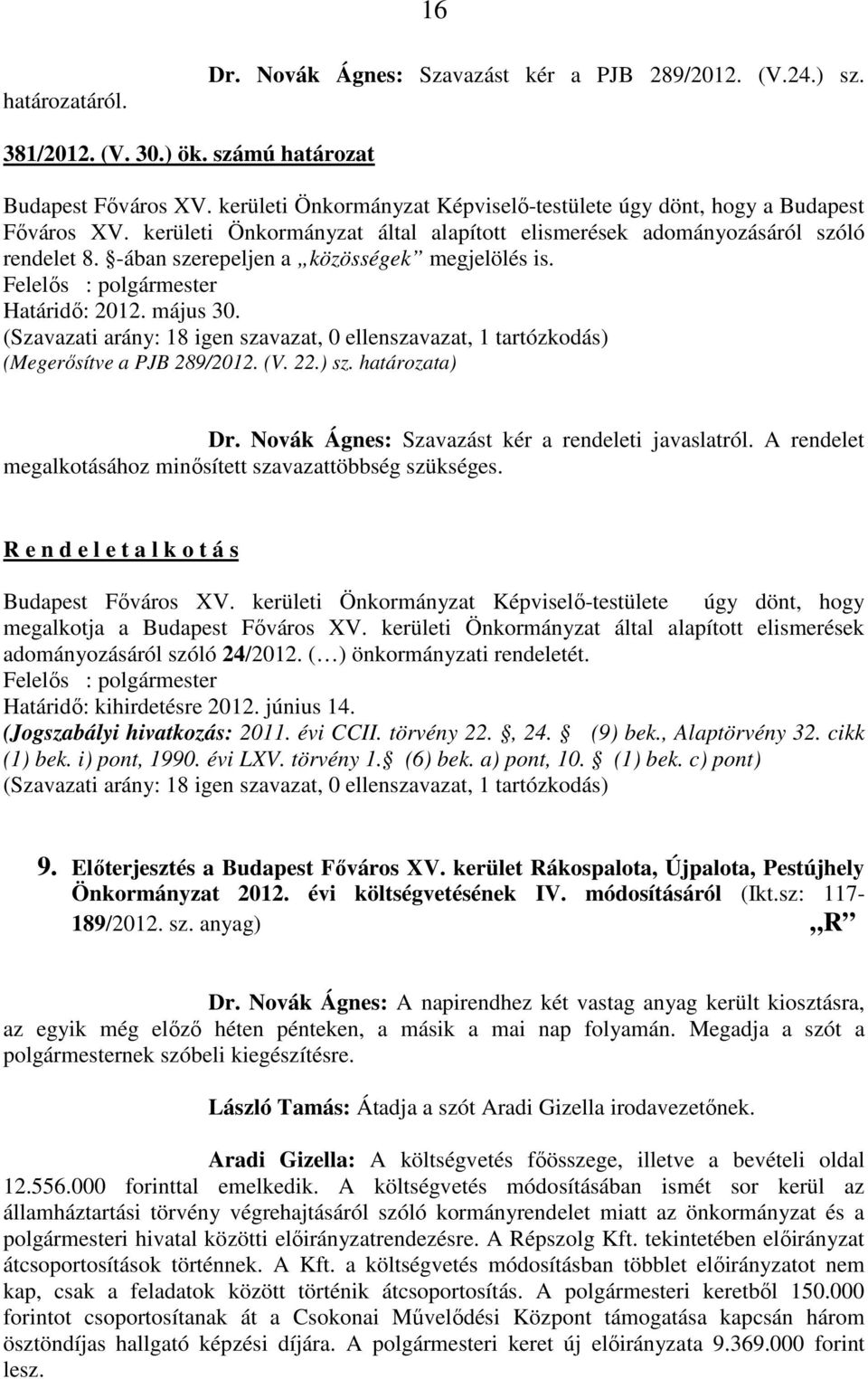 -ában szerepeljen a közösségek megjelölés is. Határidő: 2012. május 30. (Szavazati arány: 18 igen szavazat, 0 ellenszavazat, 1 tartózkodás) (Megerősítve a PJB 289/2012. (V. 22.) sz. határozata) Dr.