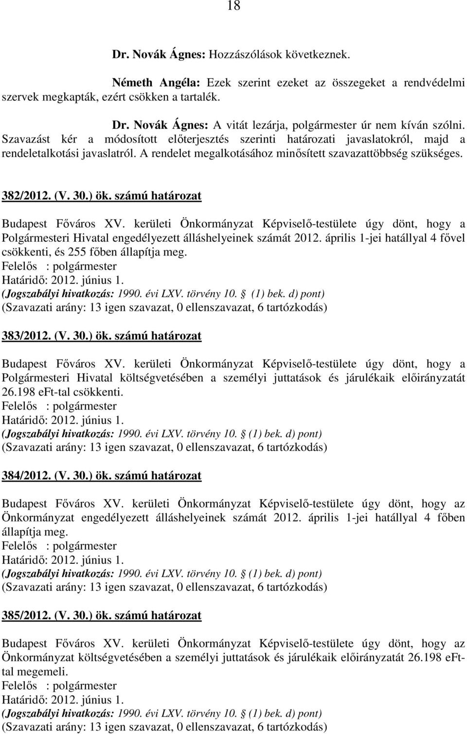 számú határozat Budapest Főváros XV. kerületi Önkormányzat Képviselő-testülete úgy dönt, hogy a Polgármesteri Hivatal engedélyezett álláshelyeinek számát 2012.