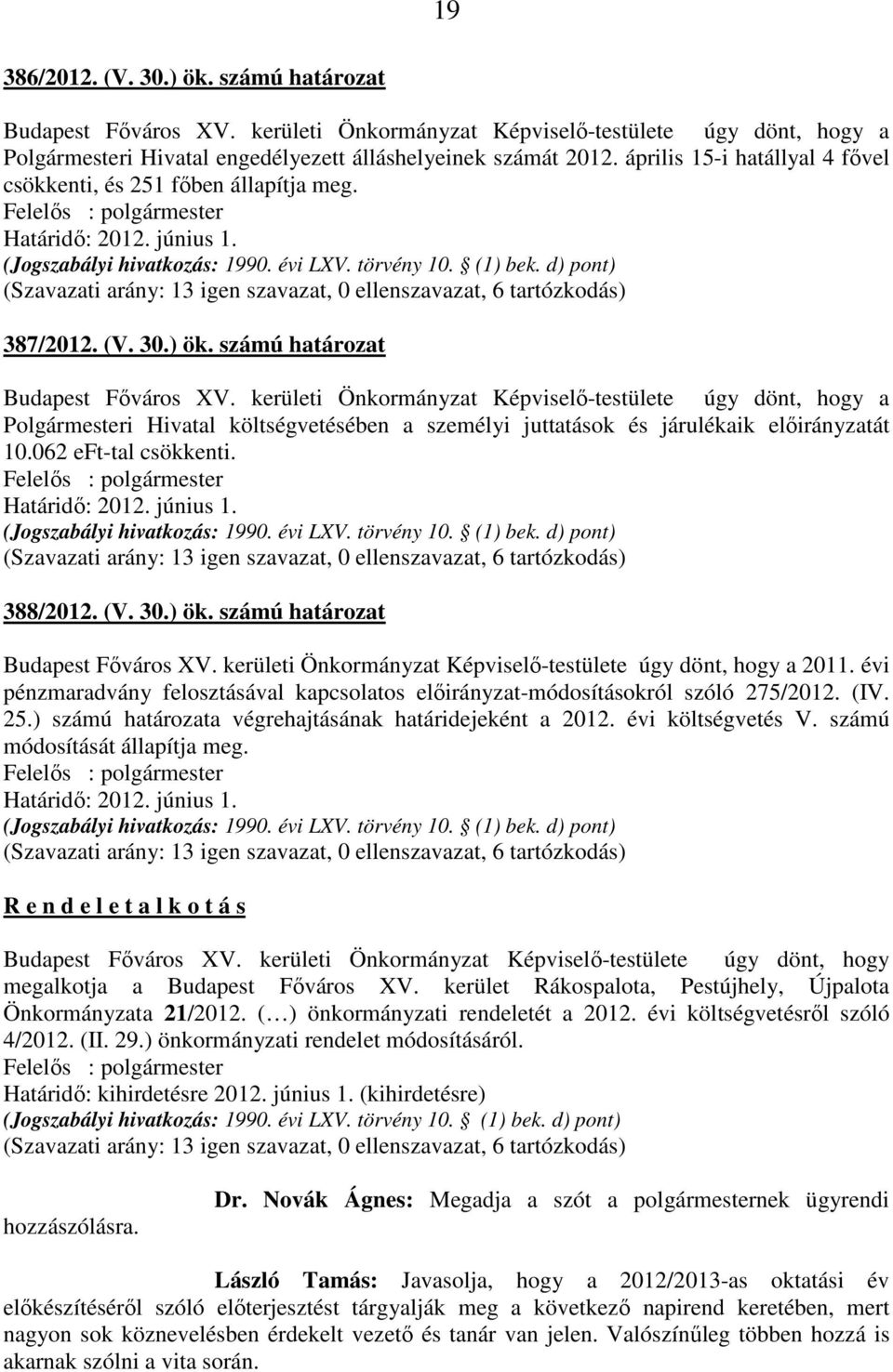 d) pont) (Szavazati arány: 13 igen szavazat, 0 ellenszavazat, 6 tartózkodás) 387/2012. (V. 30.) ök. számú határozat Budapest Főváros XV.