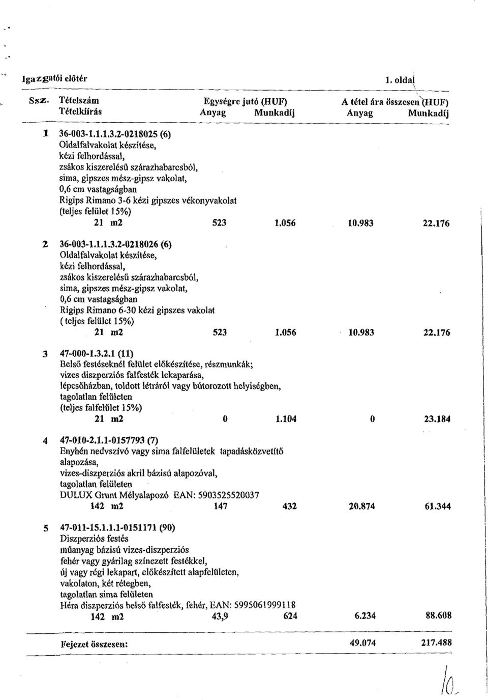 vékonyvakolat (teljes felület 15%) 21 in2 523 