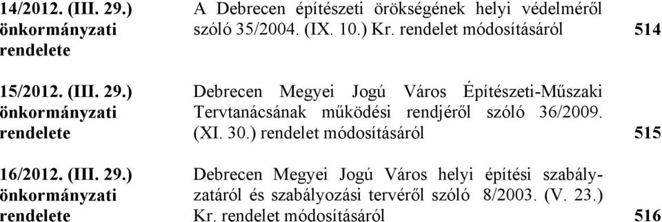 rendelet módosításáról 514 Debrecen Megyei Jogú Város Építészeti-Műszaki Tervtanácsának működési rendjéről szóló 36/2009. (XI.