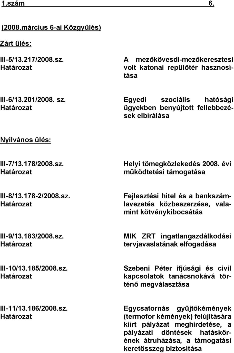 178-2/2008.sz. Határozat Fejlesztési hitel és a bankszámlavezetés közbeszerzése, valamint kötvénykibocsátás III-9/13.183/2008.sz. Határozat MIK ZRT ingatlangazdálkodási tervjavaslatának elfogadása III-10/13.