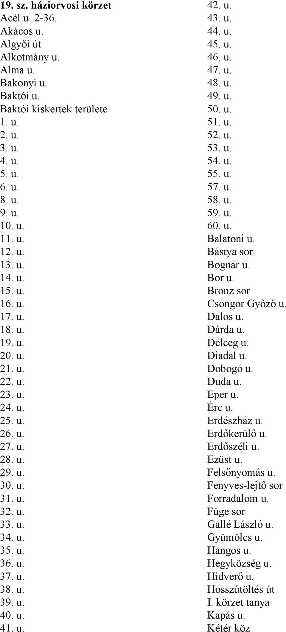 u. 43. u. 44. u. 45. u. 46. u. 47. u. 48. u. 49. u. 50. u. 51. u. 52. u. 53. u. 54. u. 55. u. 57. u. 58. u. 59. u. 60. u. Balatoni u. Bástya sor Bognár u. Bor u. Bronz sor Csongor Győző u. Dalos u.