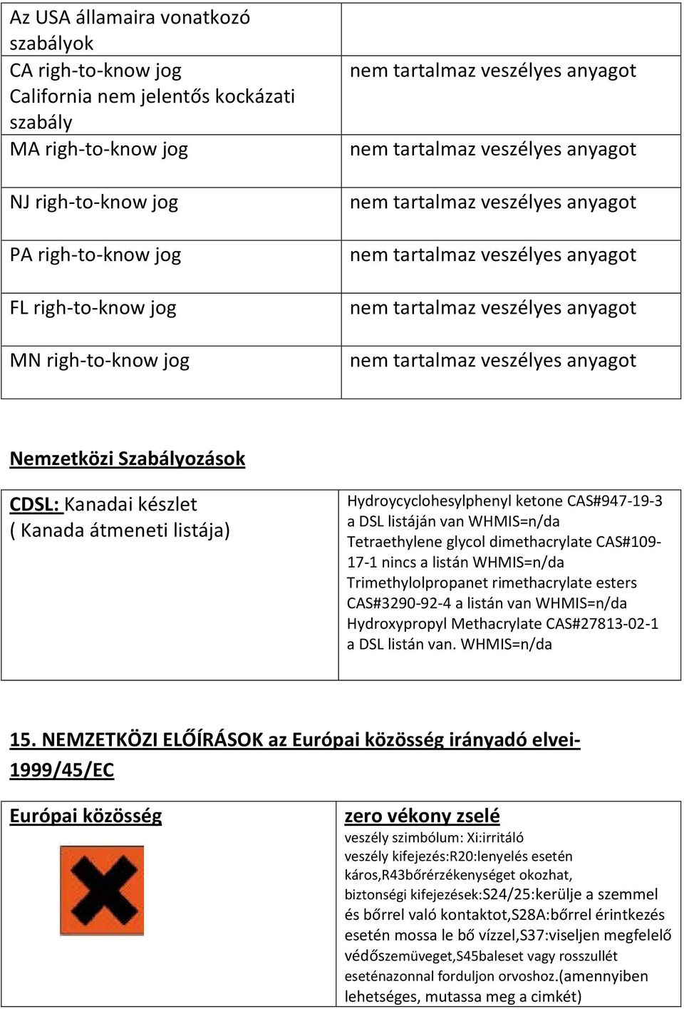 nincs a listán WHMIS=n/da Trimethylolpropanet rimethacrylate esters CAS#3290-92-4 a listán van WHMIS=n/da Hydroxypropyl Methacrylate CAS#27813-02-1 a DSL listán van. WHMIS=n/da 15.
