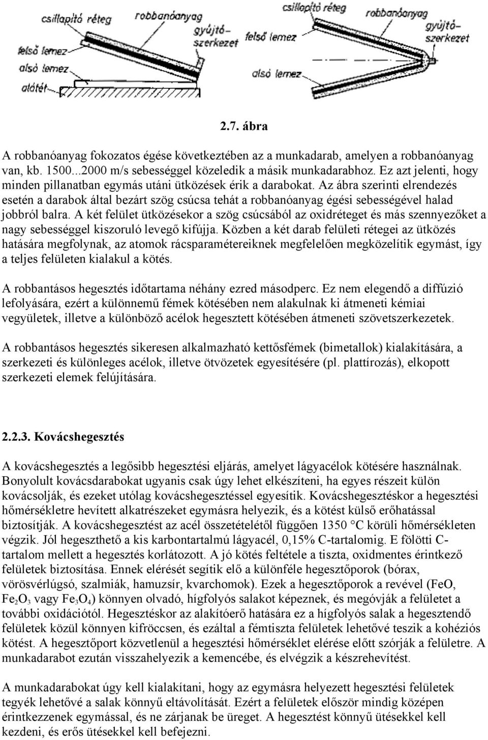 Az ábra szerinti elrendezés esetén a darabok által bezárt szög csúcsa tehát a robbanóanyag égési sebességével halad jobbról balra.