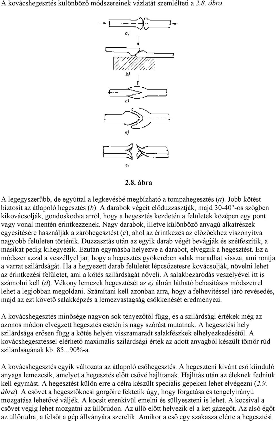 A darabok végeit előduzzasztják, majd 30-40 -os szögben kikovácsolják, gondoskodva arról, hogy a hegesztés kezdetén a felületek középen egy pont vagy vonal mentén érintkezzenek.