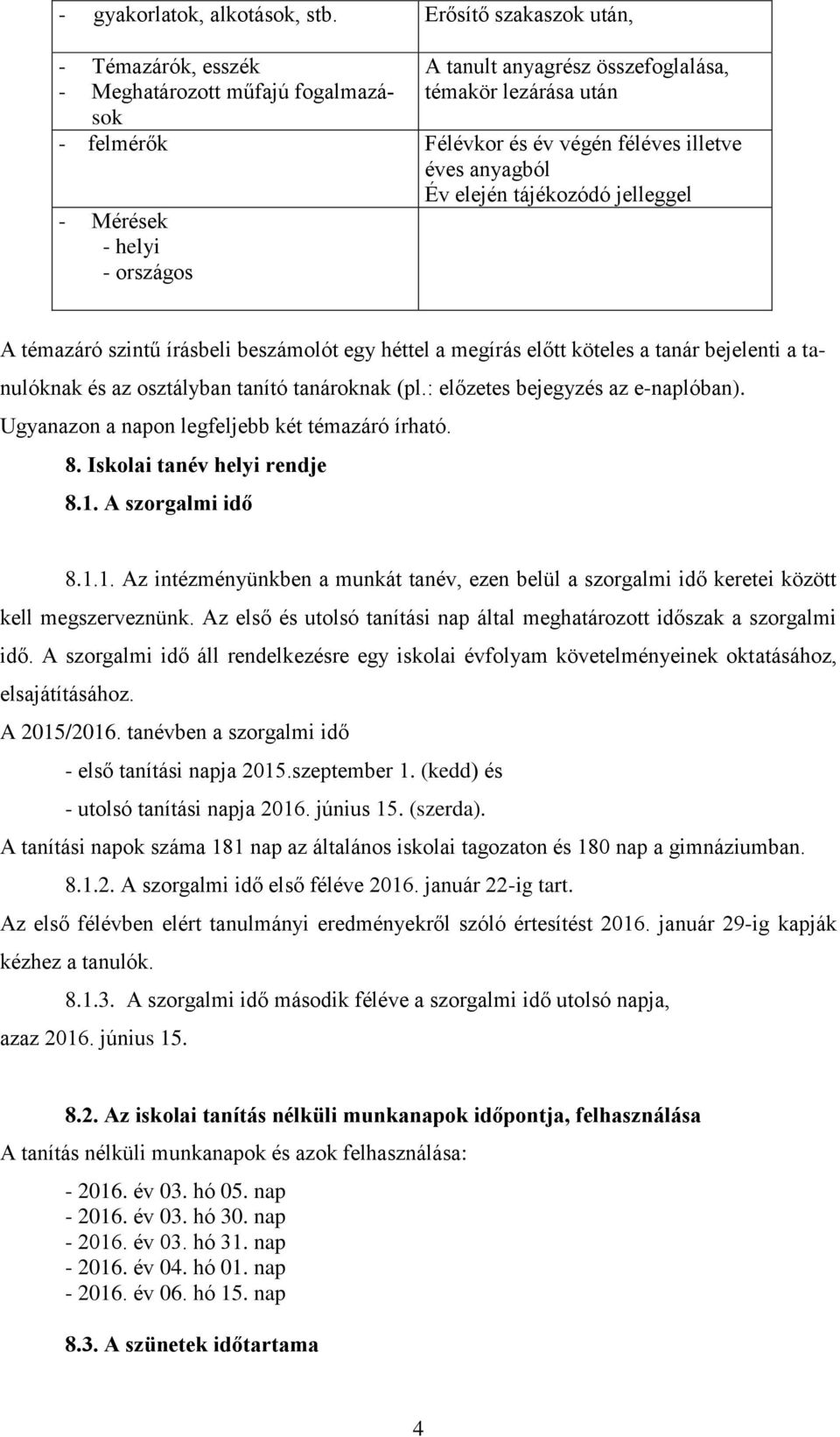 elején tájékozódó jelleggel Mérések helyi országos A témazáró szintű írásbeli beszámolót egy héttel a megírás előtt köteles a tanár bejelenti a tanulóknak és az osztályban tanító tanároknak (pl.