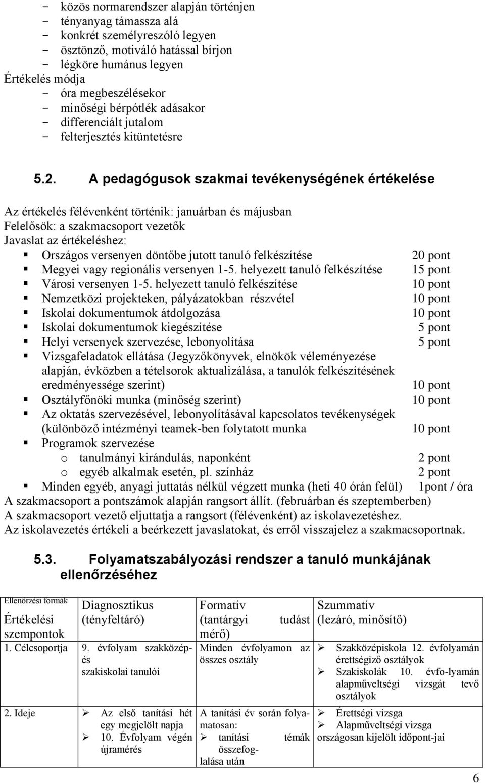 A pedagógusok szakmai tevékenységének értékelése Az értékelés félévenként történik: januárban és májusban Felelősök: a szakmacsoport vezetők Javaslat az értékeléshez: Országos versenyen döntőbe
