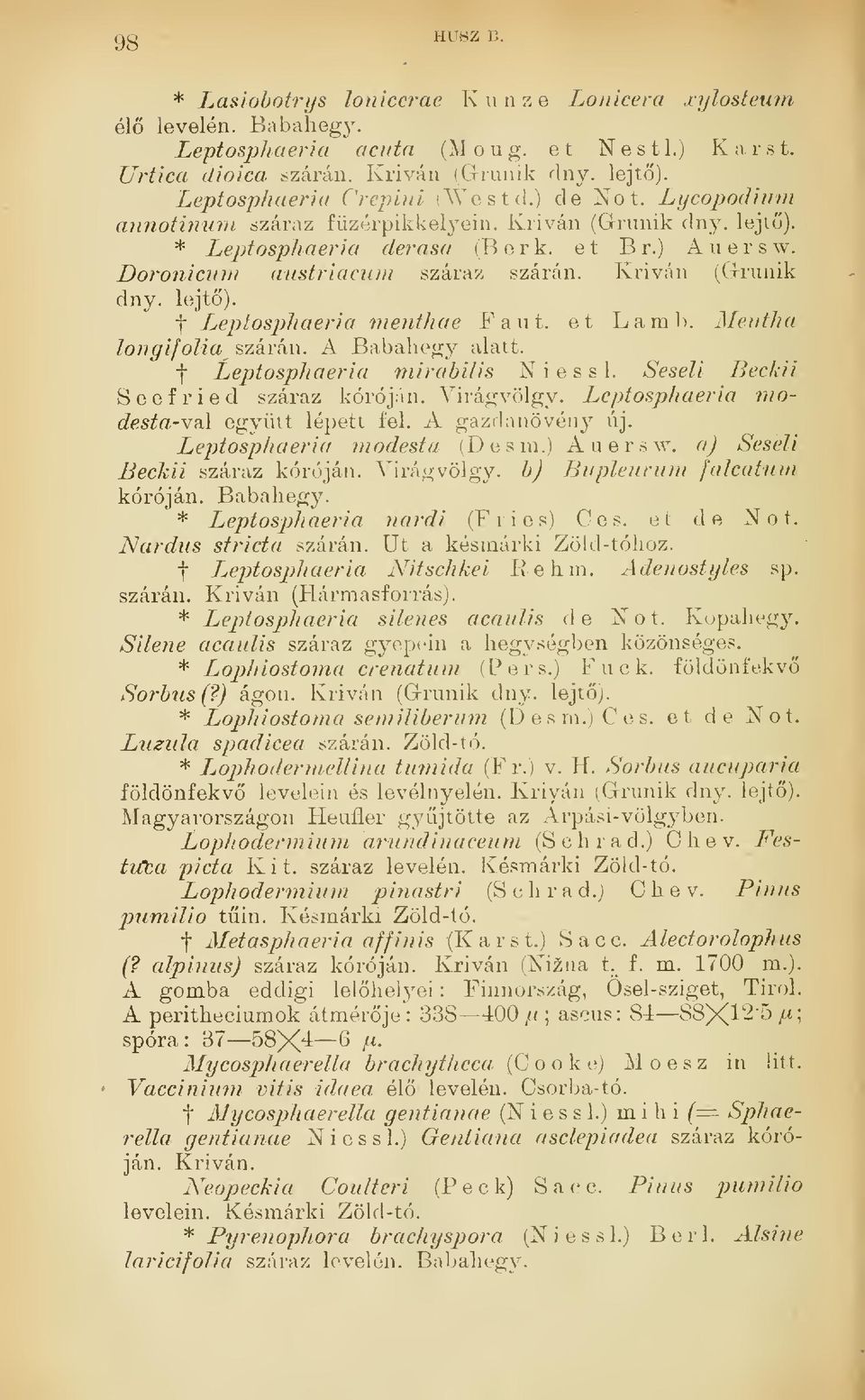 Kriván (Grunik dny. lejt). t Leptosphaeria menthae Faut. et La rab. Mentha longifolia szárán. A Babahegy alatt. f Leptosphaeria mirabilis Niessl. Seseli Beckii Seefried száraz köróján. Virágvölgy.
