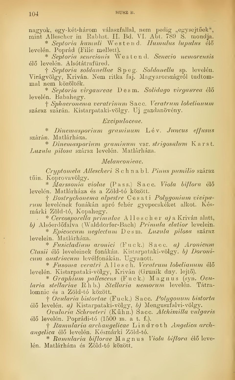 Magyarországról tudtommal nem közölték. * Septoria virgaureae D e s m. Solidago virgaurea él levelén. Babahegy. f Sphaeronema veratrinum Sacc. Veratrum lobelianum száraz szárán. Kistarpataki-völgy.