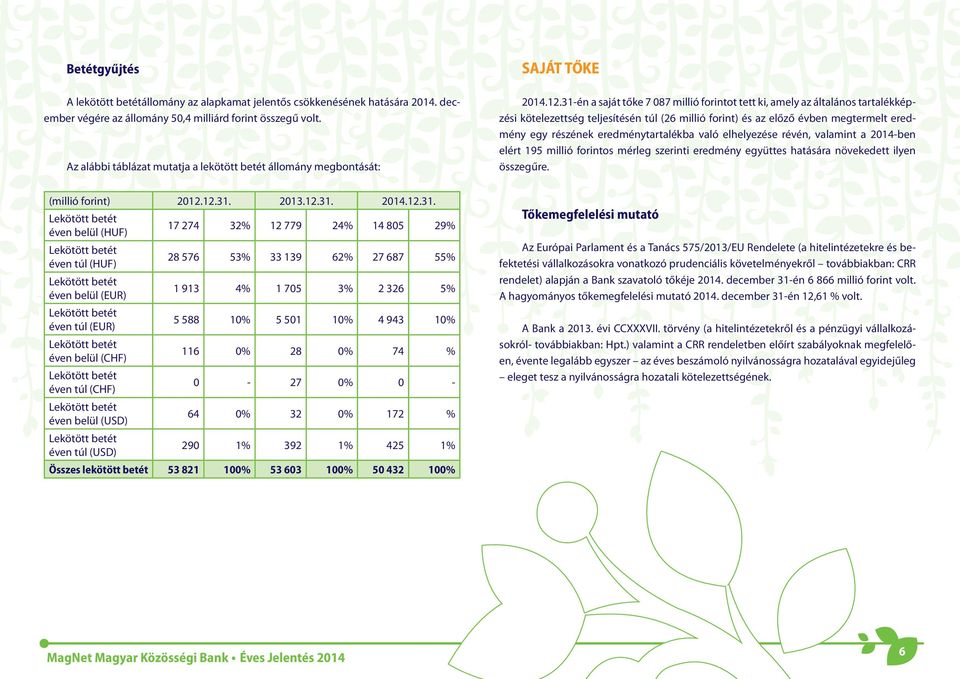 31-én a saját tőke 7 087 millió forintot tett ki, amely az általános tartalékképzési kötelezettség teljesítésén túl (26 millió forint) és az előző évben megtermelt eredmény egy részének