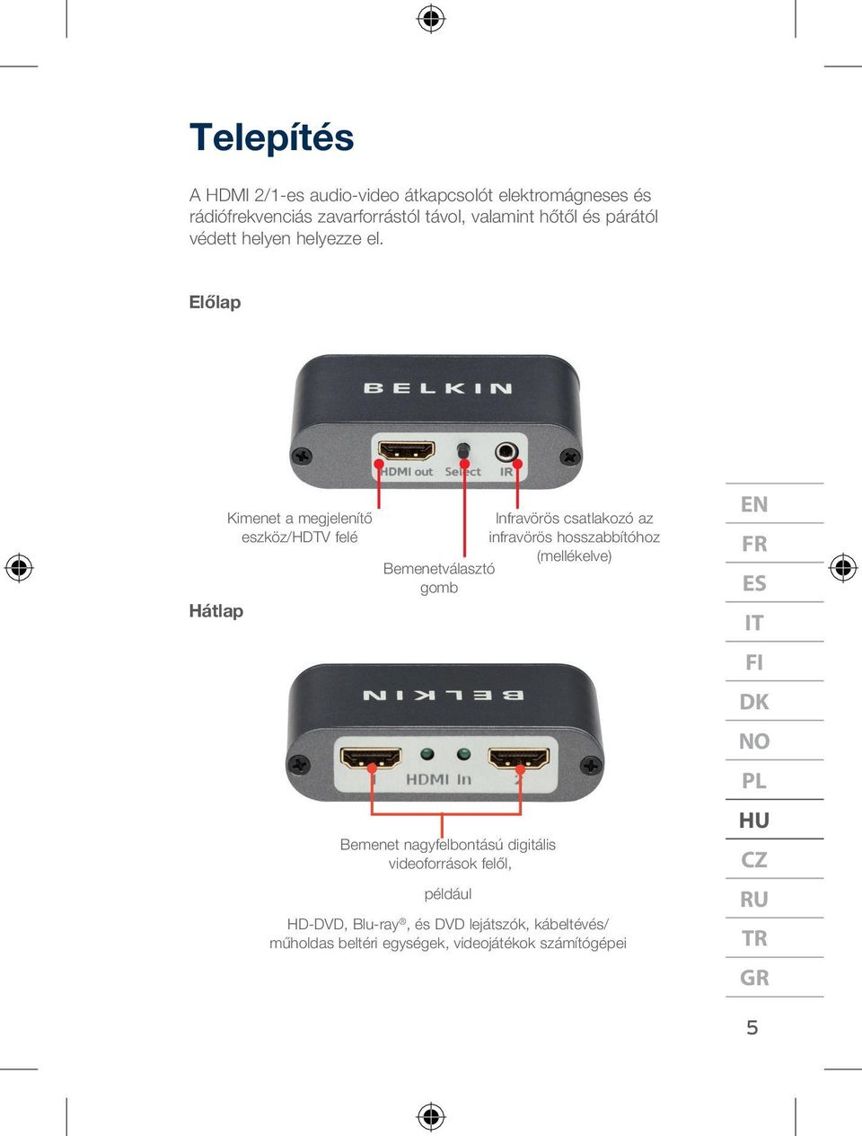 Előlap Hátlap Kimenet a megjelenítő eszköz/hdtv felé Infravörös csatlakozó az infravörös hosszabbítóhoz (mellékelve)