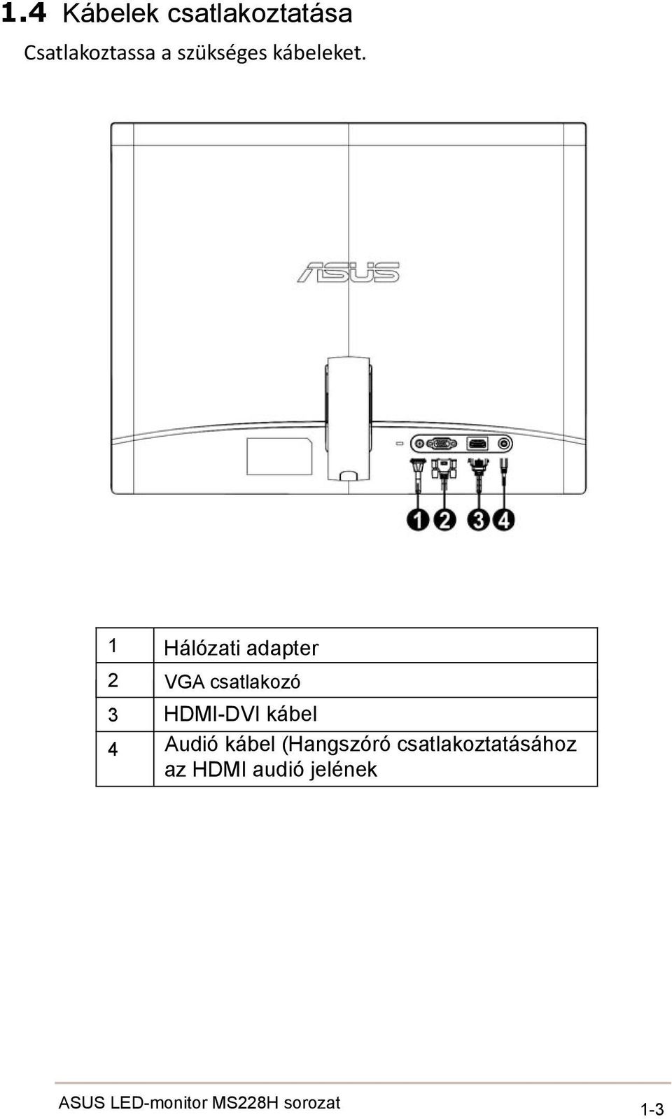 1 2 3 4 Hálózati adapter VGA csatlakozó HDMI-DVI kábel