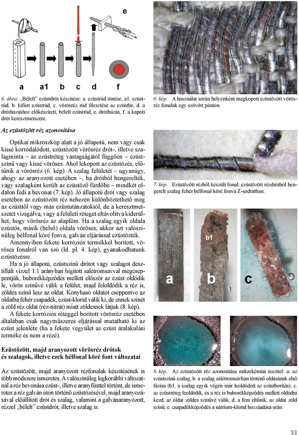 Az ezüstözött réz azonosítása Optikai mikroszkóp alatt a jó állapotú, nem vagy csak kissé korrodálódott, ezüstözött vörösréz drót-, illetve szalagminta az ezüstréteg vastagságától függően ezüstszínű