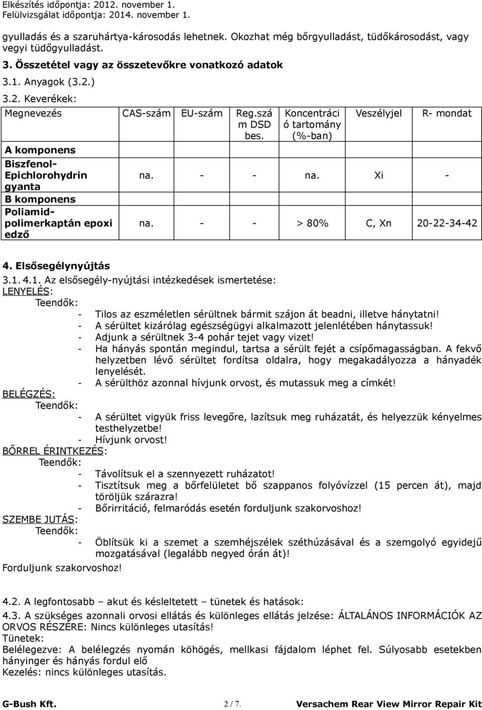 A komponens Biszfenol- Epichlorohydrin gyanta B komponens Poliamidpolimerkaptán epoxi edző Koncentráci ó tartomány (%-ban) Veszélyjel R- mondat na. - - na. Xi - na. - - > 80% C, Xn 20-22-34-42 4.