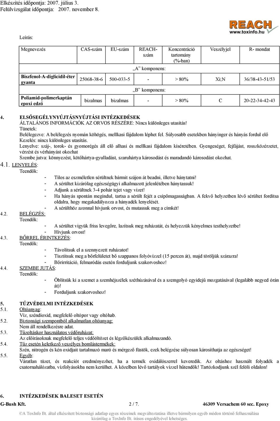 ELSŐSEGÉLYNYÚJTÁSNYÚJTÁSI INTÉZKEDÉSEK ÁLTALÁNOS INFORMÁCIÓK AZ ORVOS RÉSZÉRE: Nincs különleges utasítás! Tünetek: Belélegezve: A belélegzés nyomán köhögés, mellkasi fájdalom léphet fel.