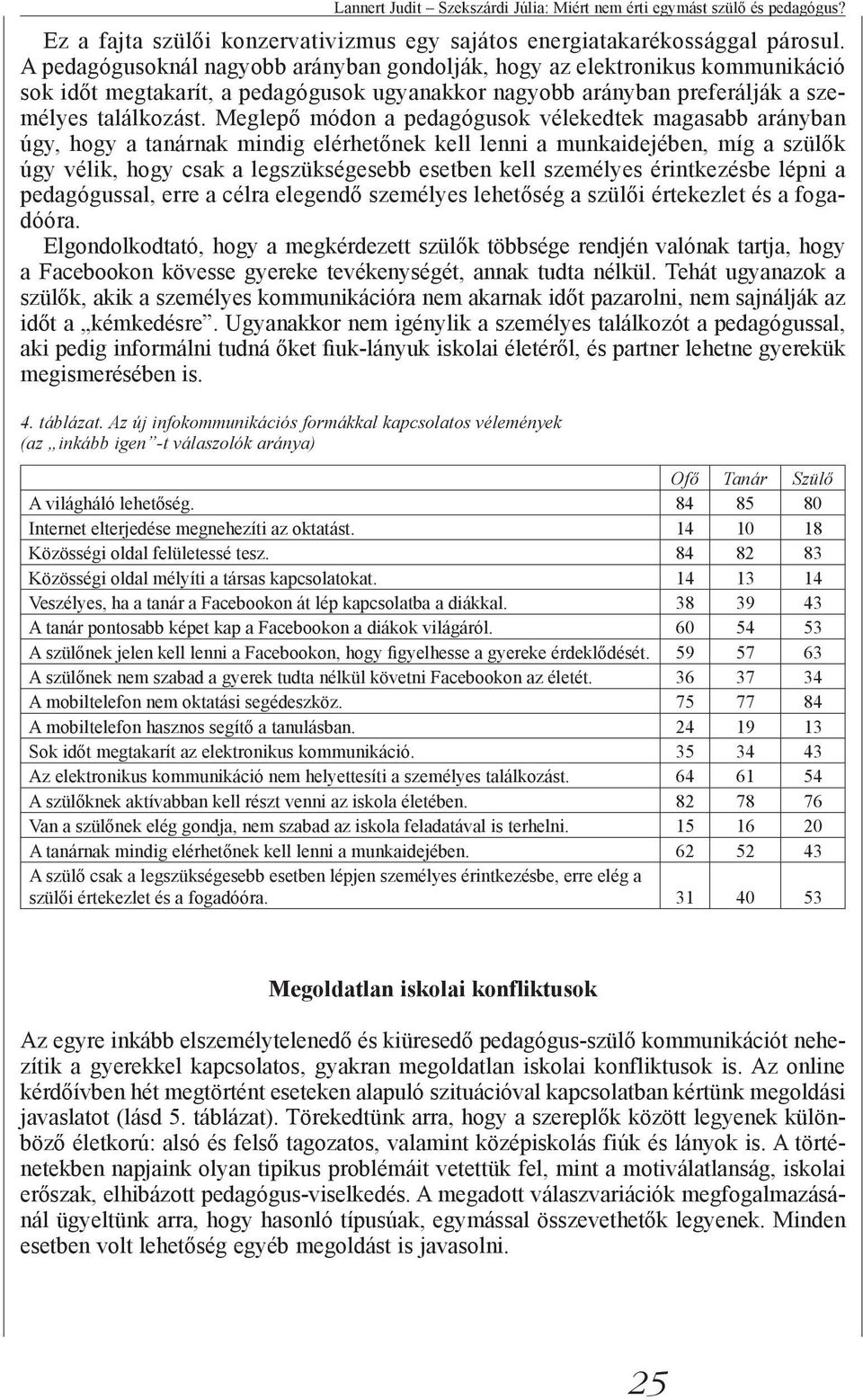 Meglepő módon a pedagógusok vélekedtek magasabb arányban úgy, hogy a tanárnak mindig elérhetőnek kell lenni a munkaidejében, míg a szülők úgy vélik, hogy csak a legszükségesebb esetben kell személyes