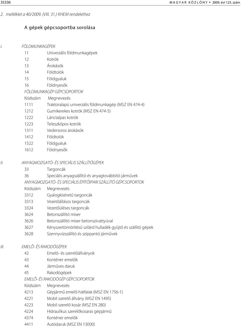 (MSZ EN 474-4) 1212 Gumikerekes kotrók (MSZ EN 474-5) 1222 Lánctalpas kotrók 1223 Teleszkópos kotrók 1311 Vedersoros árokásók 1412 Földtolók 1522 Földgyaluk 1612 Földnyesõk II. III.