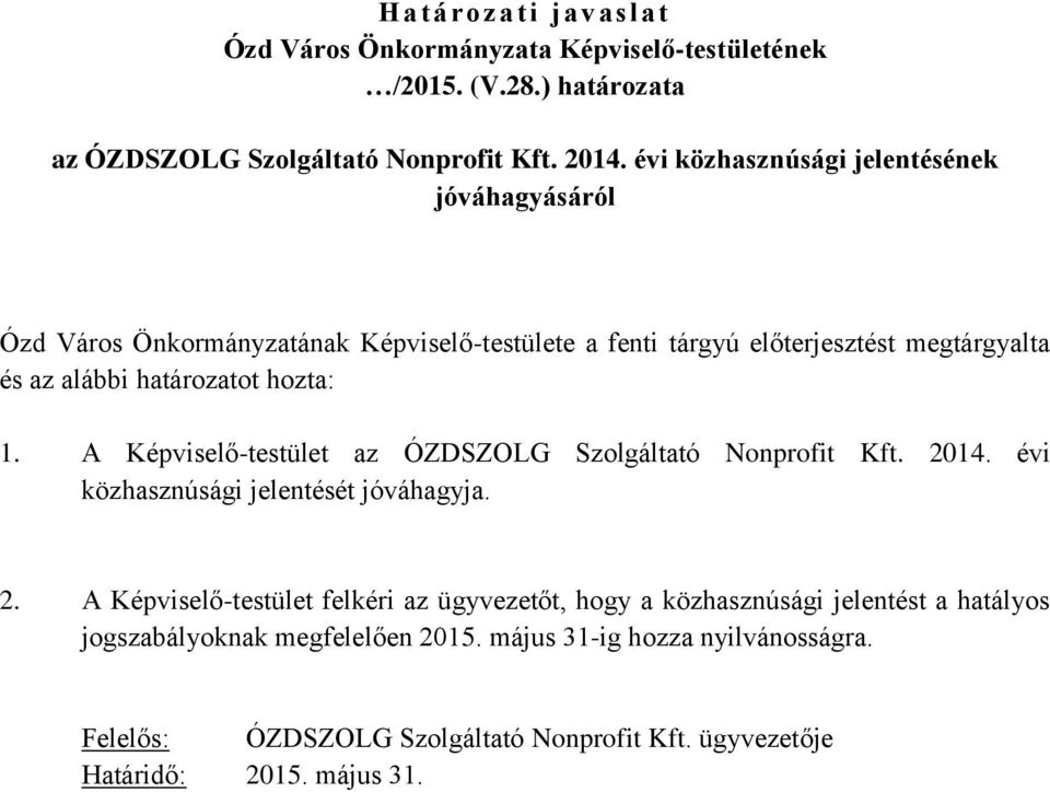 hozta: 1. A Képviselő-testület az ÓZDSZOLG Szolgáltató Nonprofit Kft. 20