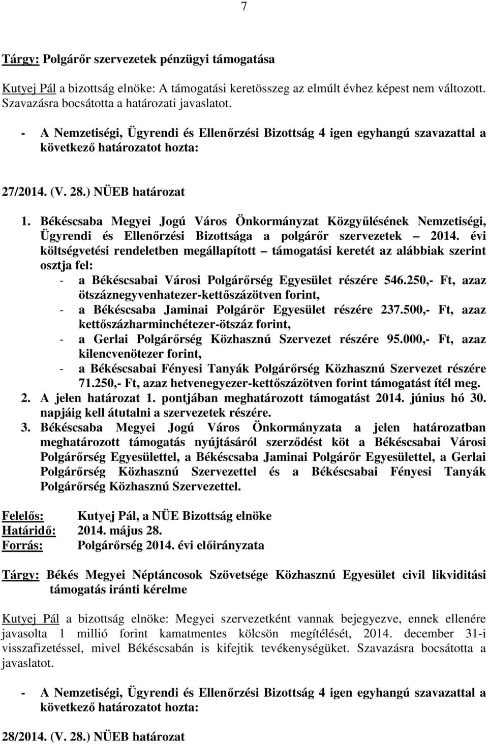 évi költségvetési rendeletben megállapított támogatási keretét az alábbiak szerint osztja fel: - a Békéscsabai Városi Polgárőrség Egyesület részére 546.